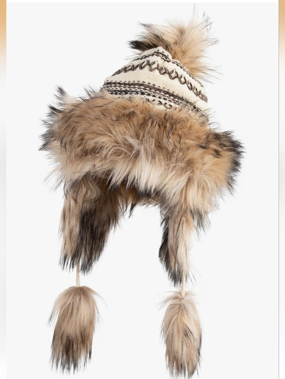 Cross stitch knit trapper beanie features a fleece lining, faux fur trim